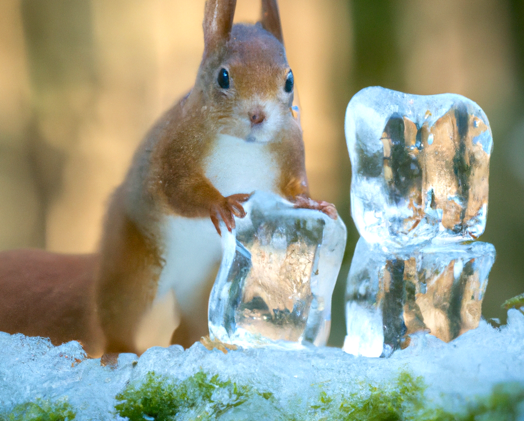 a squirrel with ice cubes, AI-generated using DALL·E