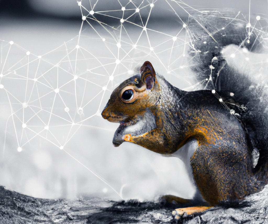 squirrel studying a neural network, AI-generated using DALL·E