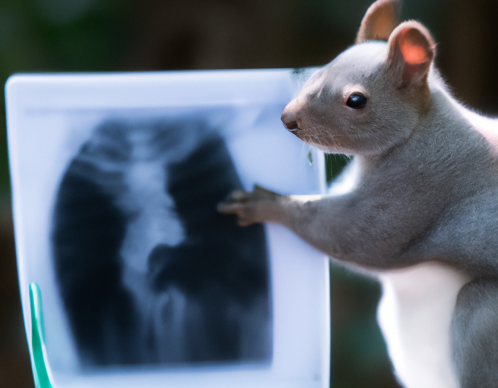 squirrel looking at a radiology image, AI-generated using DALL·E