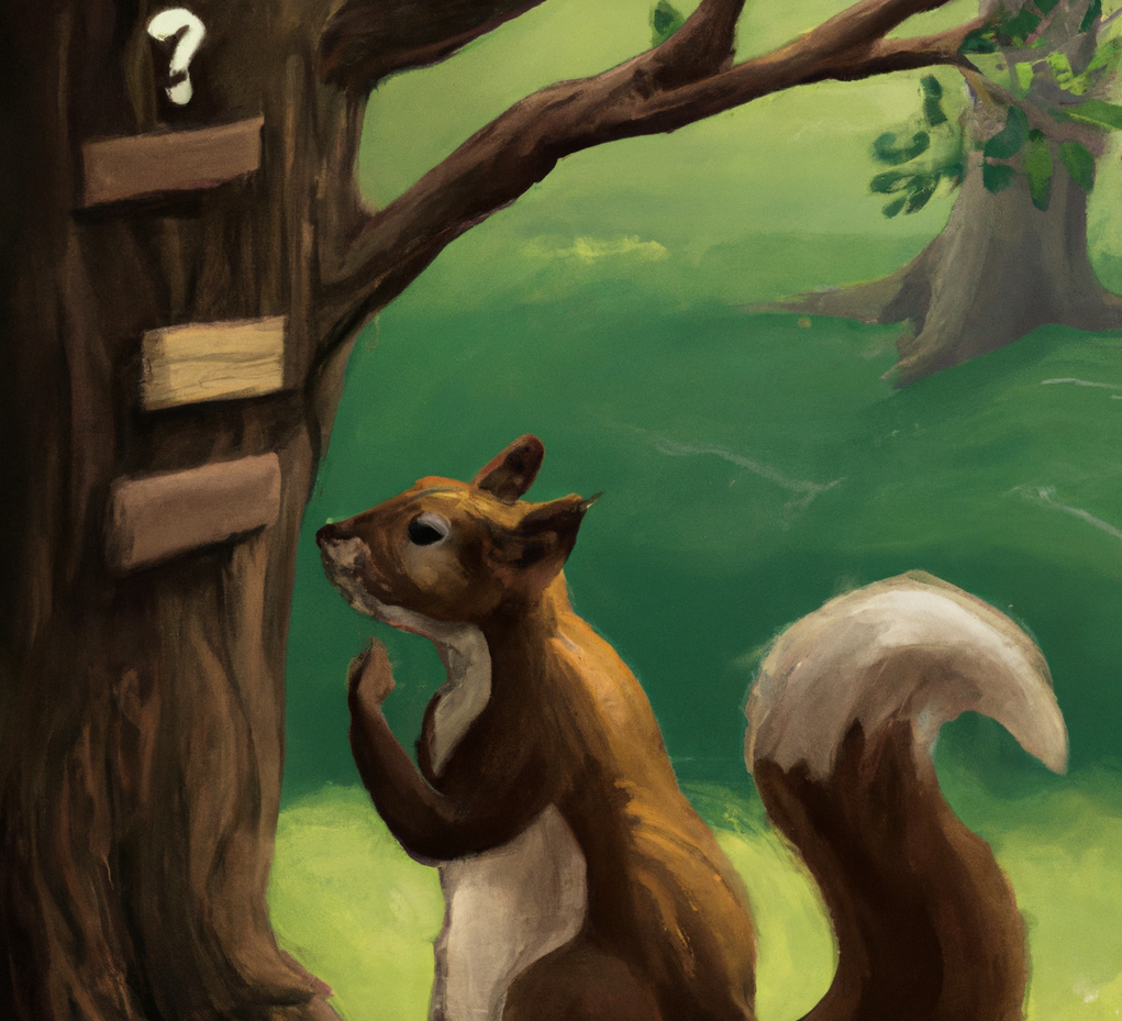 squirrel pondering decisions on a tree, AI-generated using DALL·E